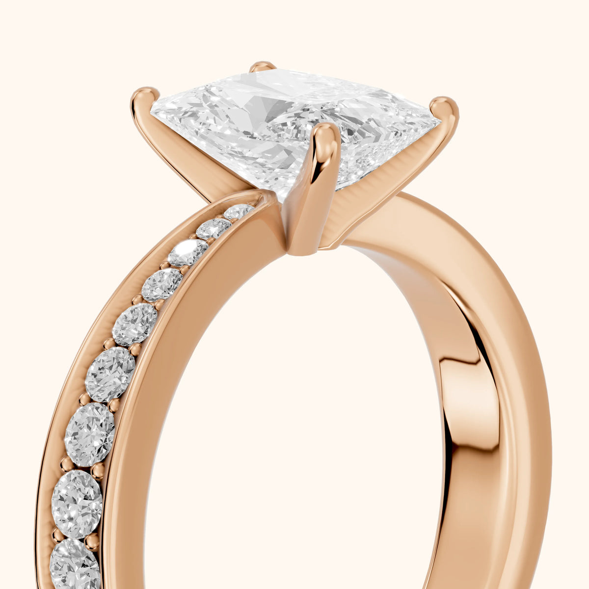 Rhea Sidestone Pavé Radiant Diamond Engagement Ring in Rose Gold - slant-view.webp