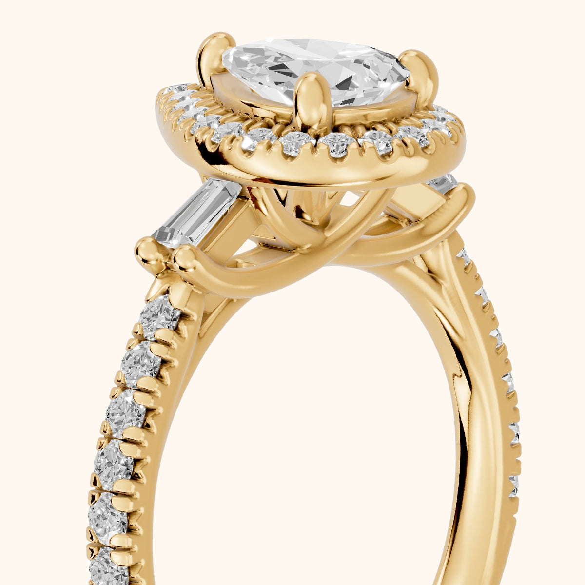 Provo Baguette Halo Pear Diamond Engagement Ring in Yellow Gold - slant-view.webp