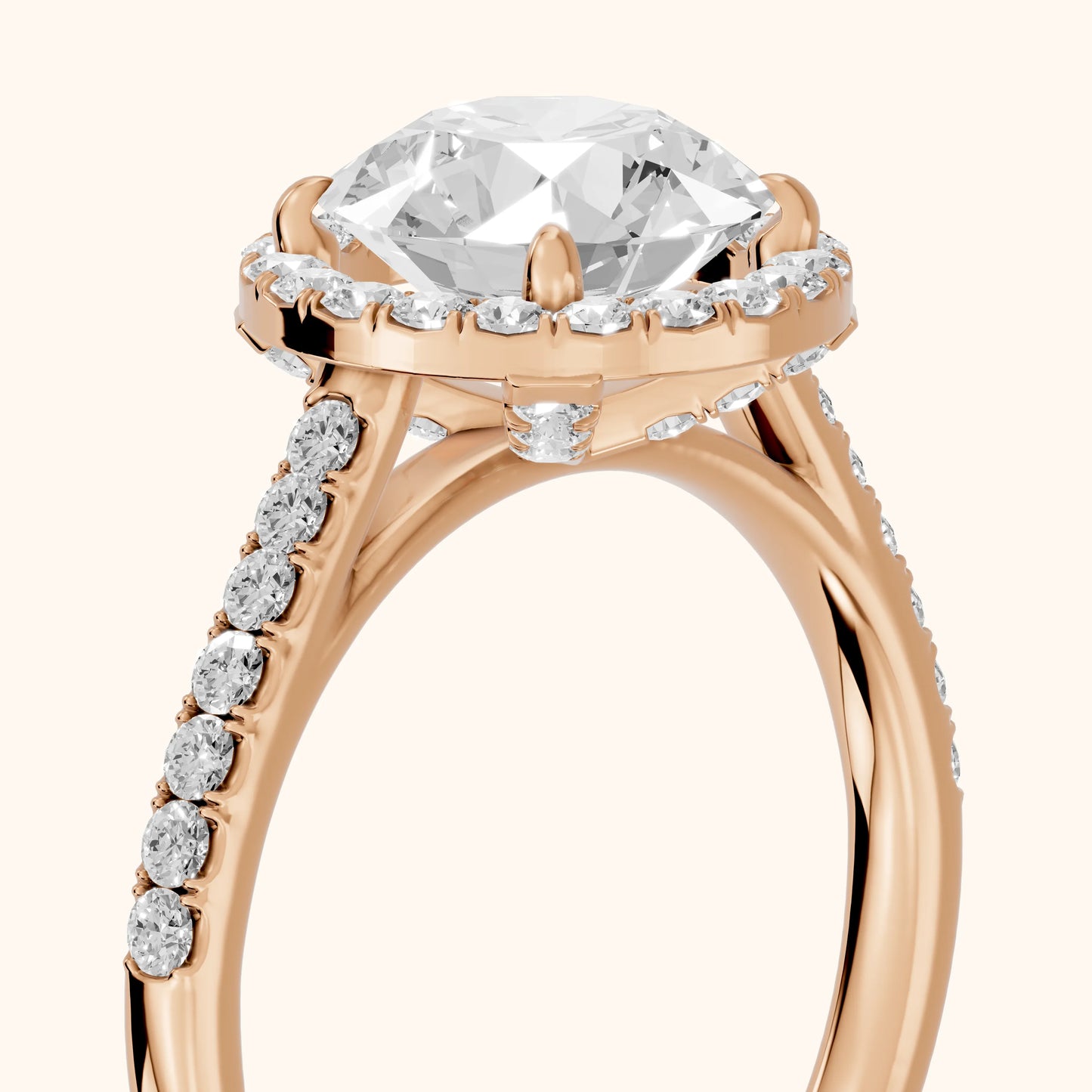 Alma Halo Pavé Round Diamond Ring in Rose Gold - slant-view.webp
