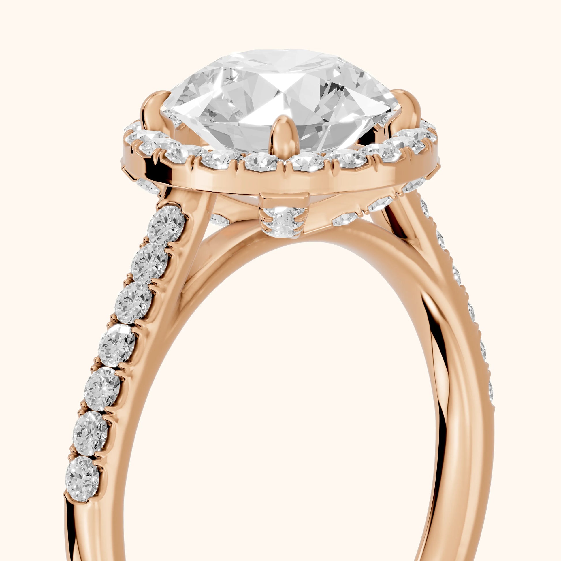 Alma Halo Pavé Round Diamond Ring in Rose Gold - slant-view.webp