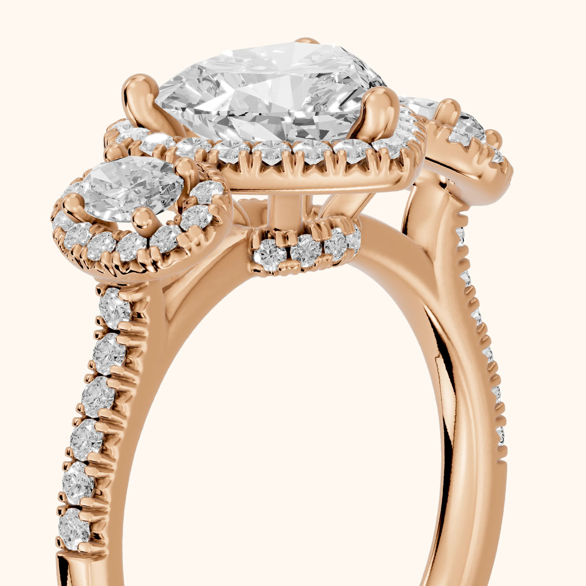 Austin Three-Stone Halo Heart Diamond Engagement Ring in Rose Gold - slant-view.webp
