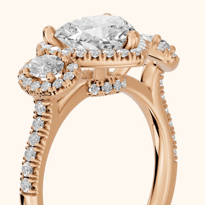 Austin Three-Stone Halo Heart Diamond Engagement Ring in Rose Gold - slant-view.webp
