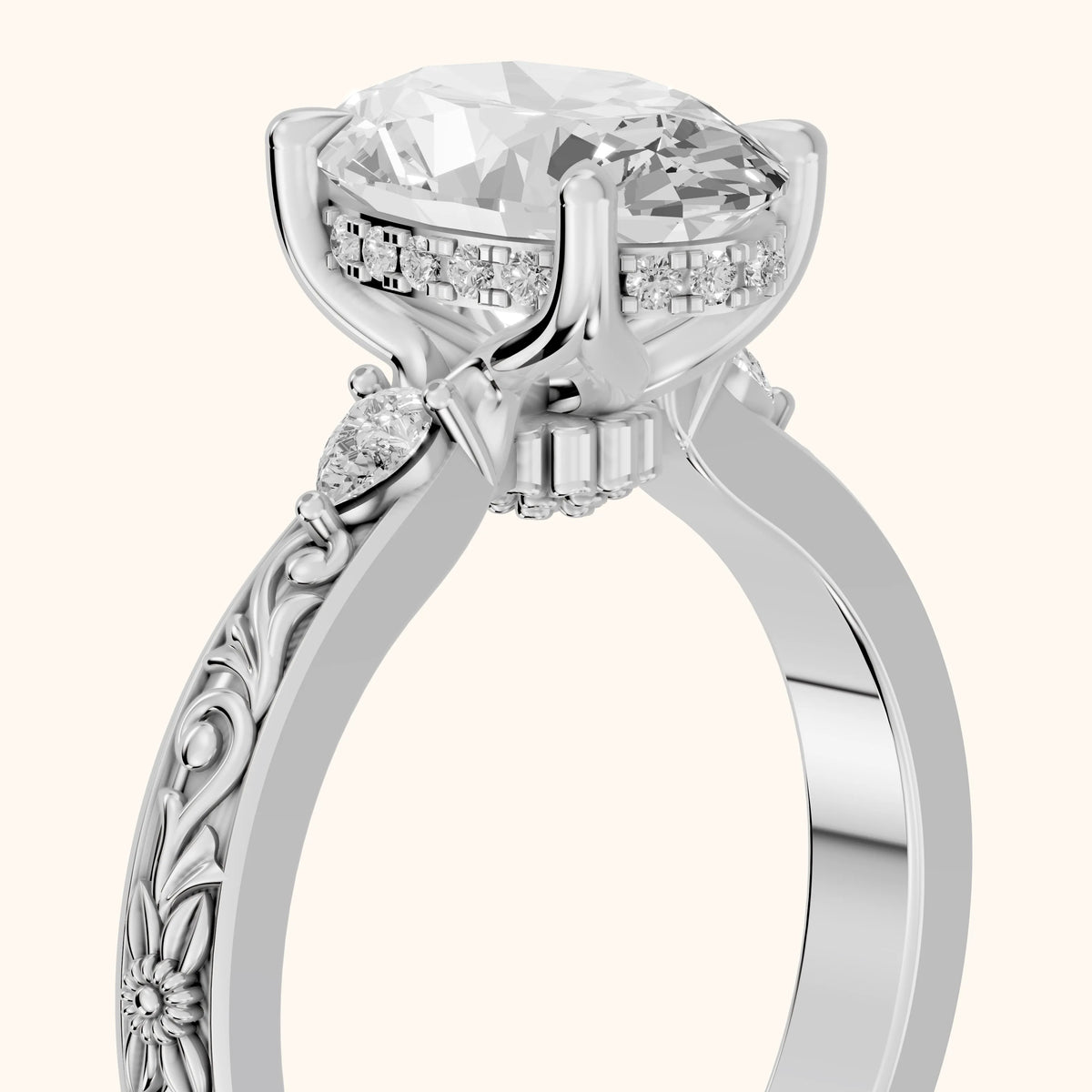 Siesta Three-Stone Engraved Oval Diamond Engagement Ring in Platinum - slant-view.webp