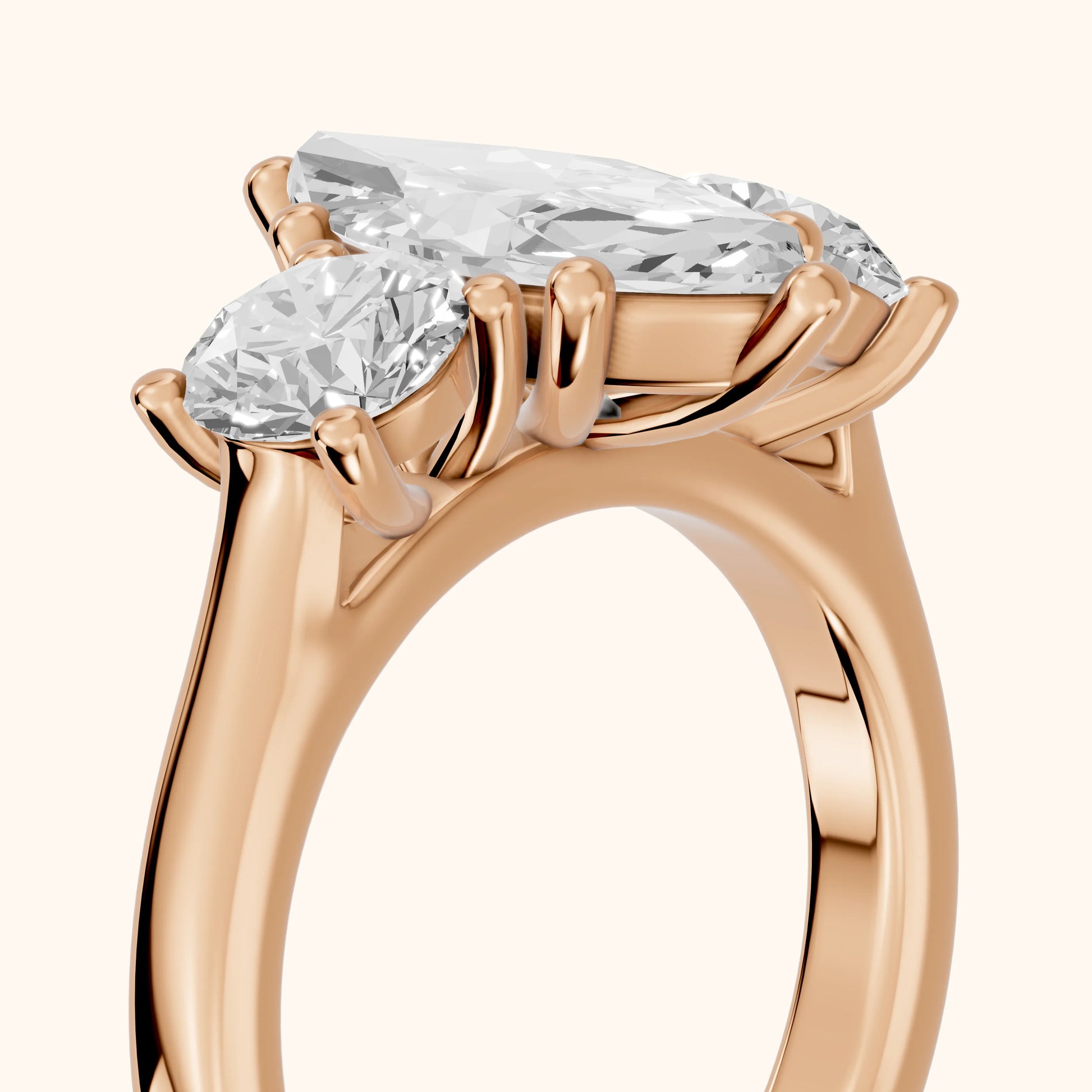 Callie Three-Stone Trellis Marquise Diamond Engagement Ring in Rose Gold - slant-view.webp
