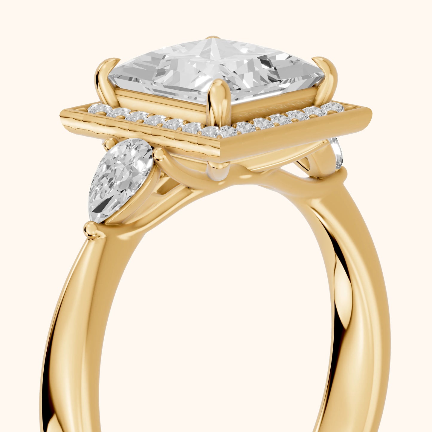 Eliza Halo Sidestone Princess Diamond Engagement Ring in Yellow Gold - slant-view.webp