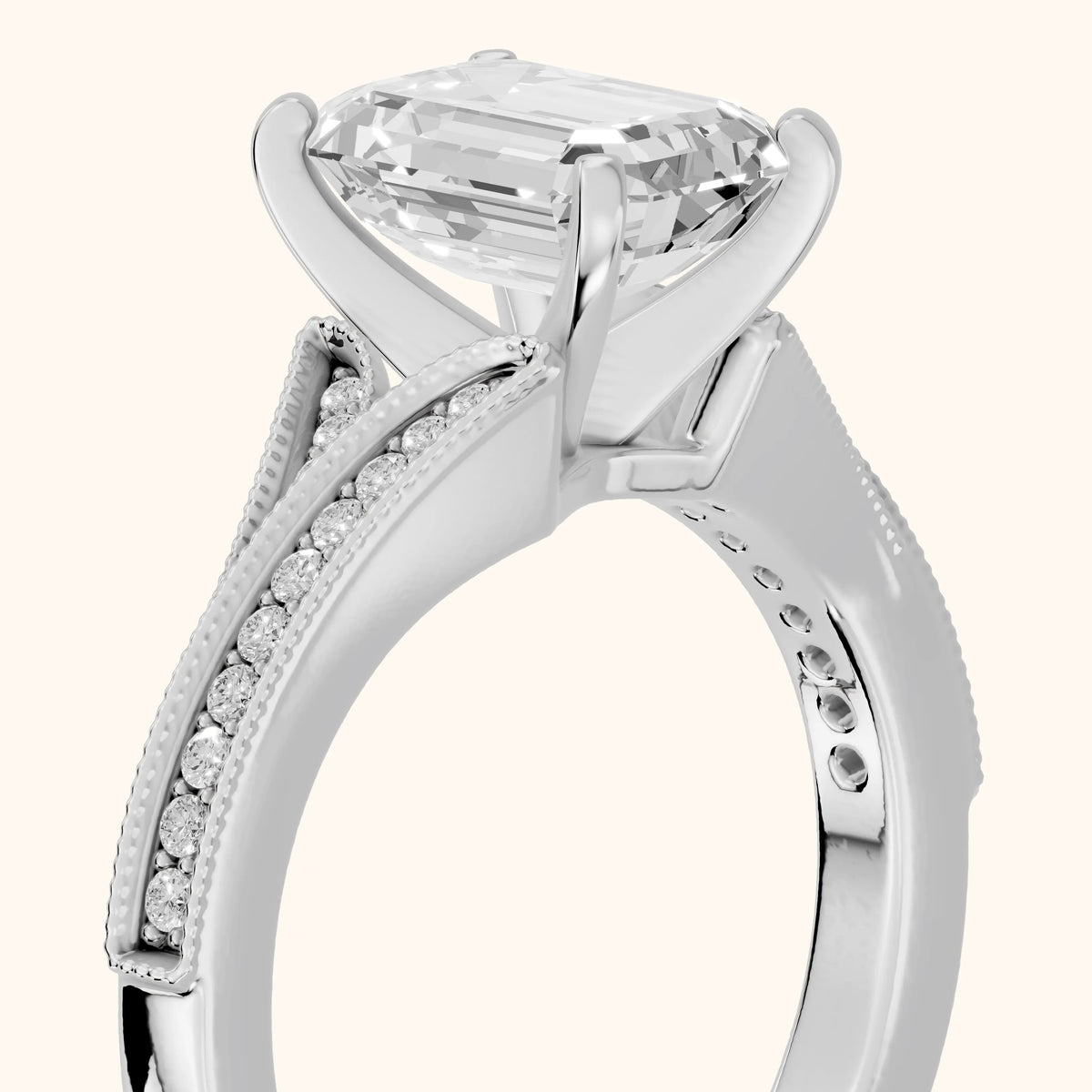 Nara Milgrain Split Shank Emerald Diamond Engagement Ring in Platinum - slant-view.webp