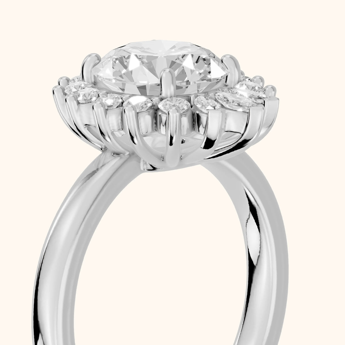 Roslyn Sunburst Halo Round Diamond Engagement Ring in White Gold - slant-view.webp