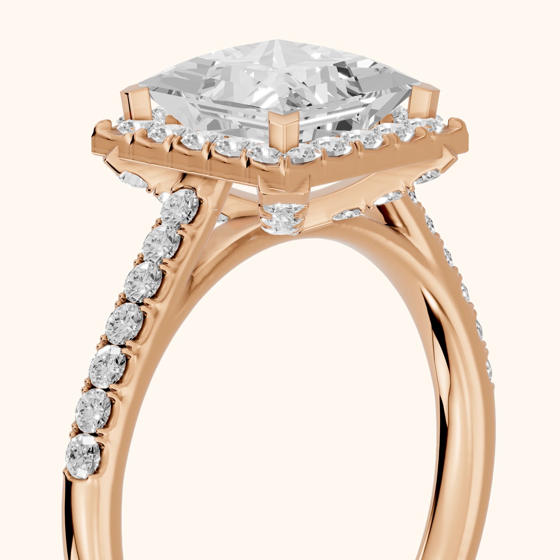 Alma Halo Pavé Princess Diamond Ring in Rose Gold - slant-view.webp