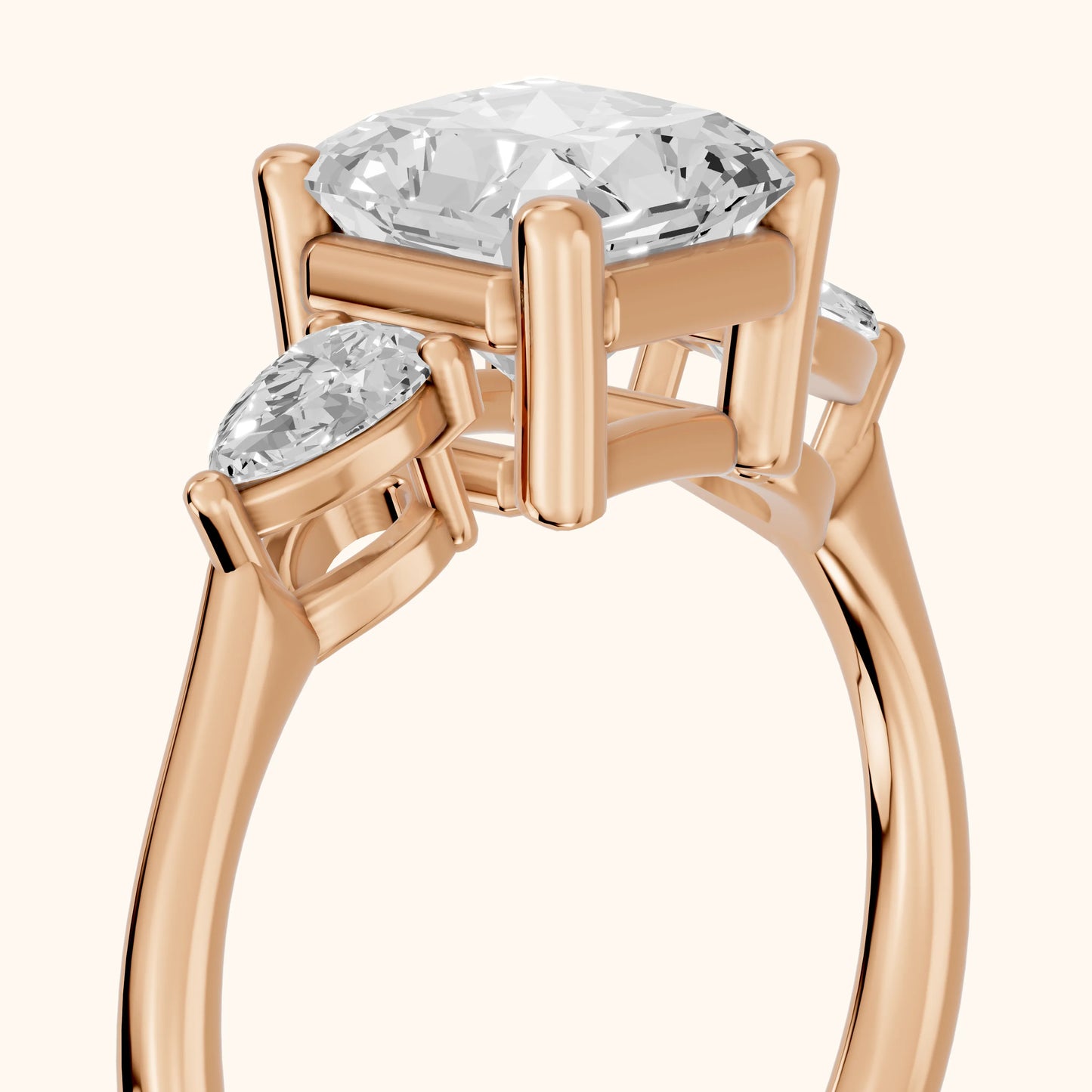 Faye Three-Stone Trellis Radiant Diamond Ring in Rose Gold - slant-view.webp