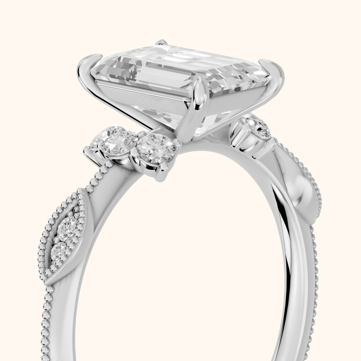 Naomi Vintage Milgrain Emerald Diamond Engagement Ring in Silver - slant-view.webp