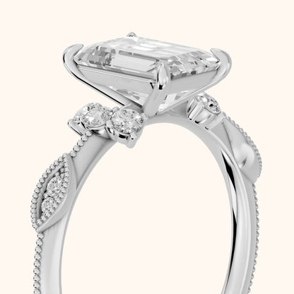 Naomi Vintage Milgrain Emerald Diamond Engagement Ring in Silver - slant-view.webp