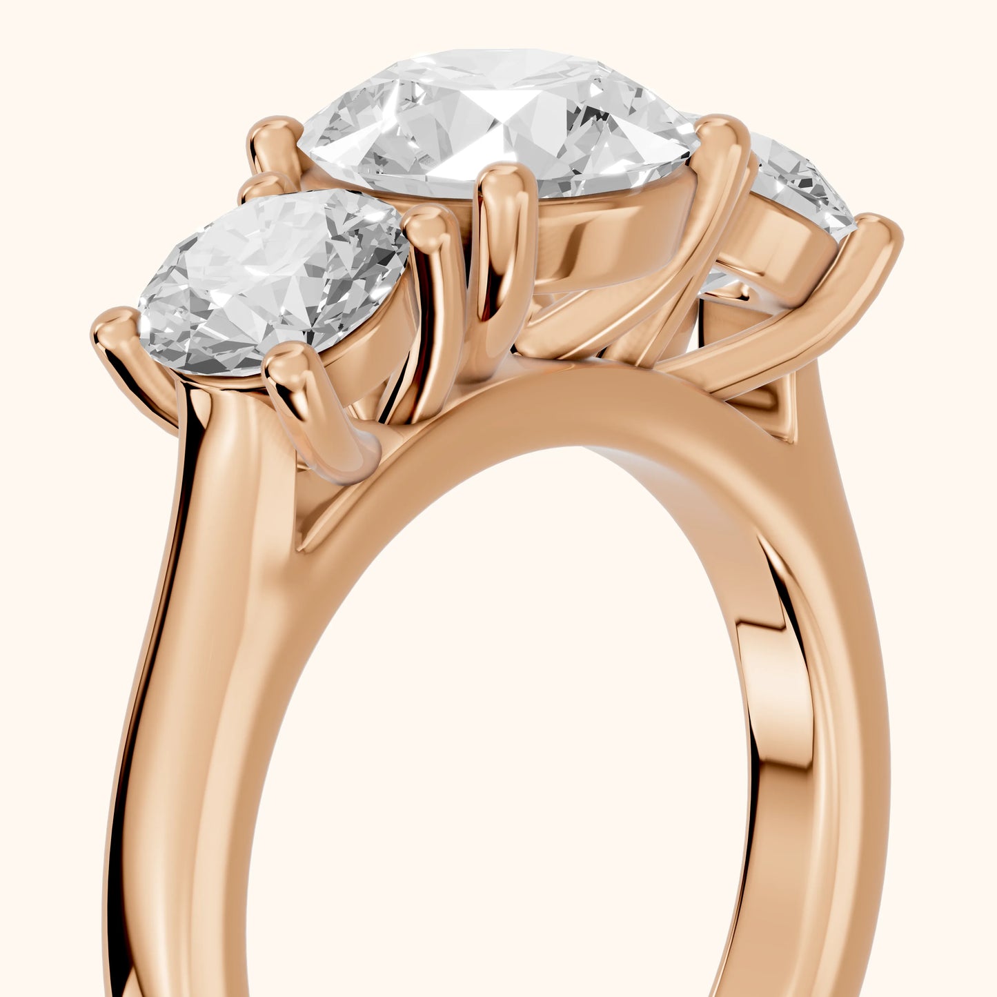 Callie Three-Stone Trellis Round Diamond Engagement Ring in Rose Gold - slant-view.webp
