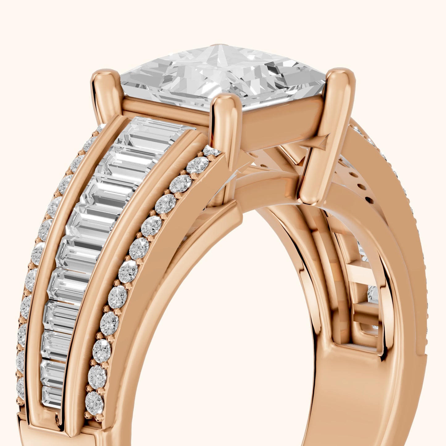 Halle Channel Set Baguette Accent Princess Diamond Engagement Ring in Rose Gold - slant-view.webp