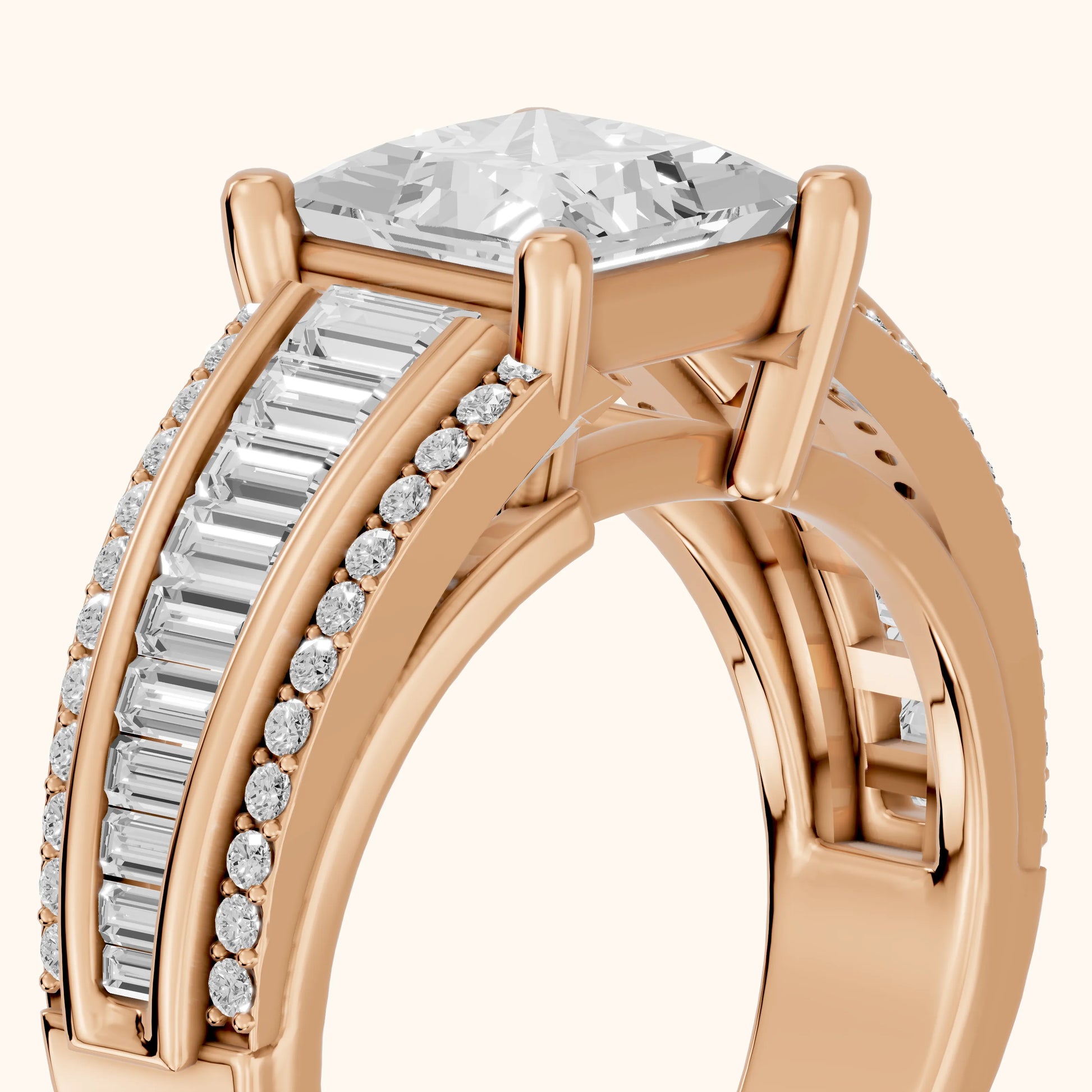 Halle Channel Set Baguette Accent Princess Diamond Engagement Ring in Rose Gold - slant-view.webp