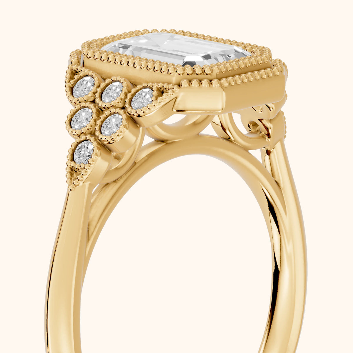 Effie Vintage Bezel Emerald Diamond Engagement Ring in Yellow Gold - slant-view.webp