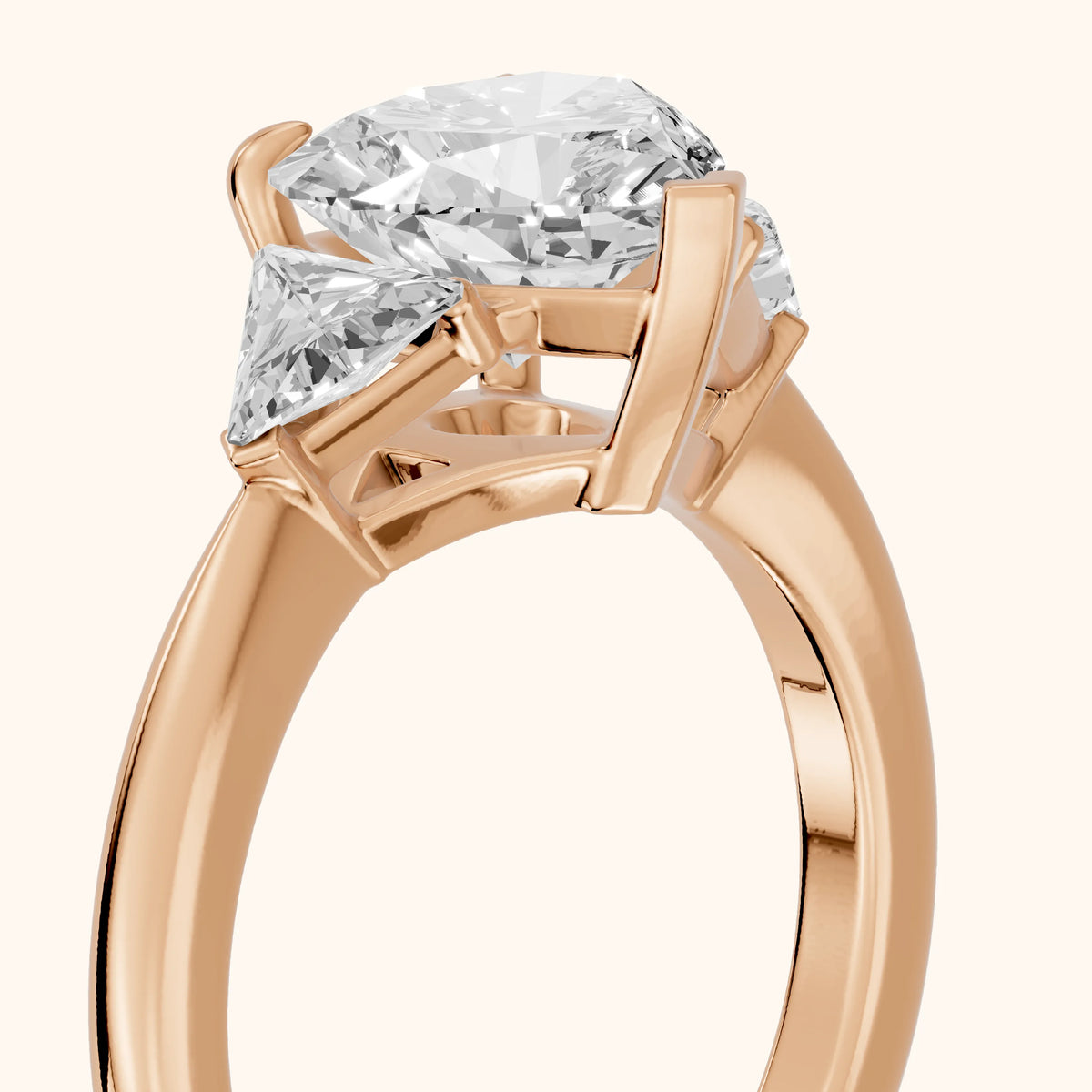 Clemency Three-Stone Cathedral Heart Diamond Engagement Ring in Rose Gold - slant-view.webp