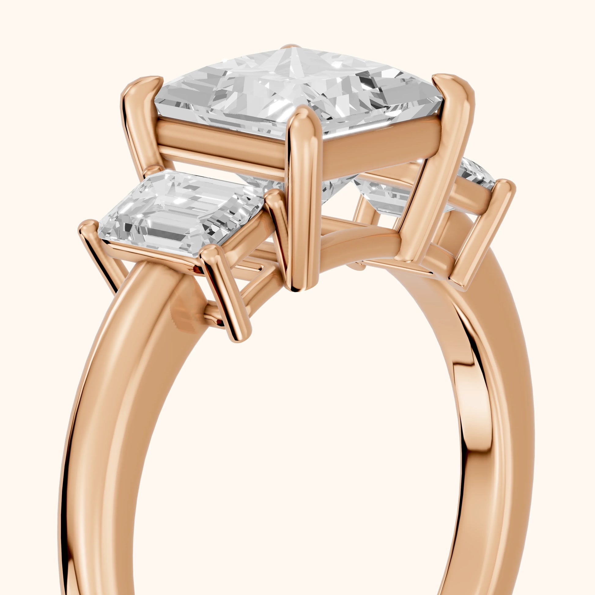 Zoe Three-Stone Princess Diamond Ring in Rose Gold - slant-view.webp
