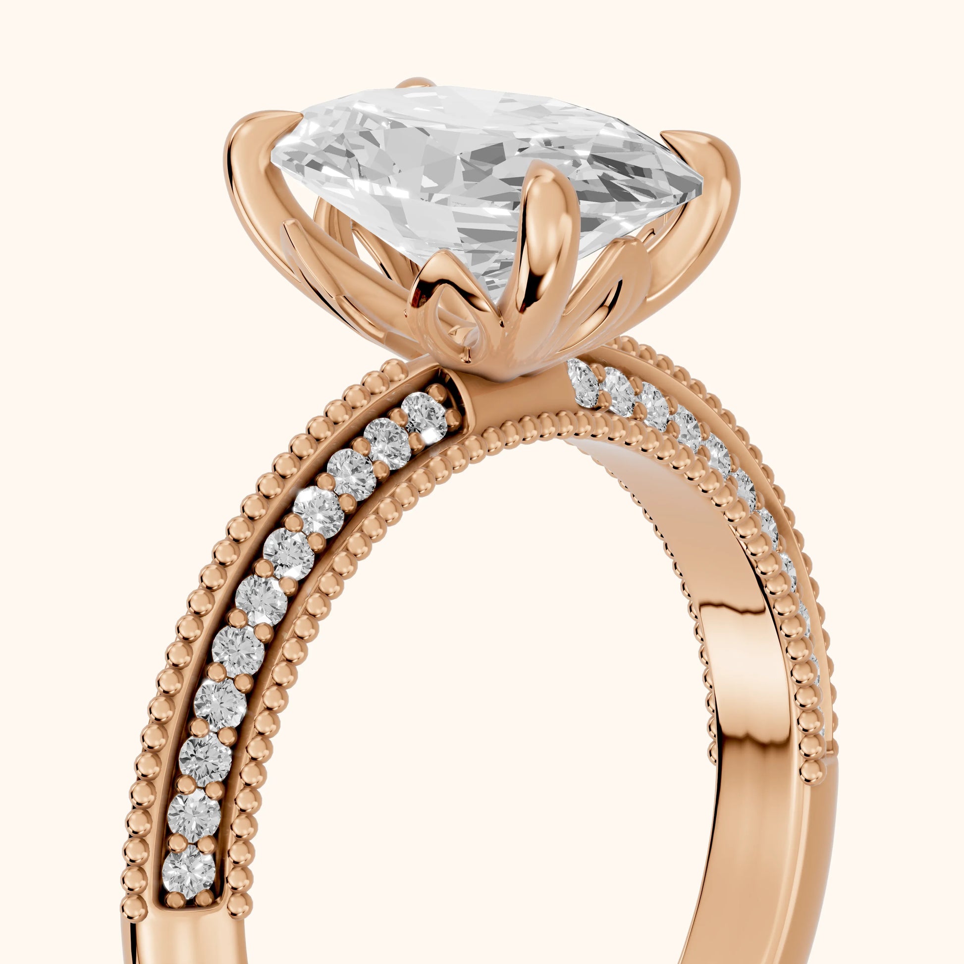Indie Vintage Milgrain Oval Diamond Engagement Ring in Rose Gold - slant-view.webp