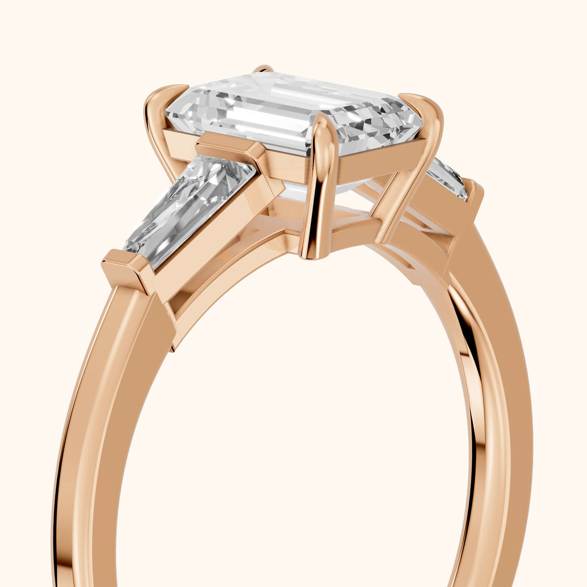 Winnie Three-Stone Emerald Diamond Engagement Ring in Rose Gold - slant-view.webp