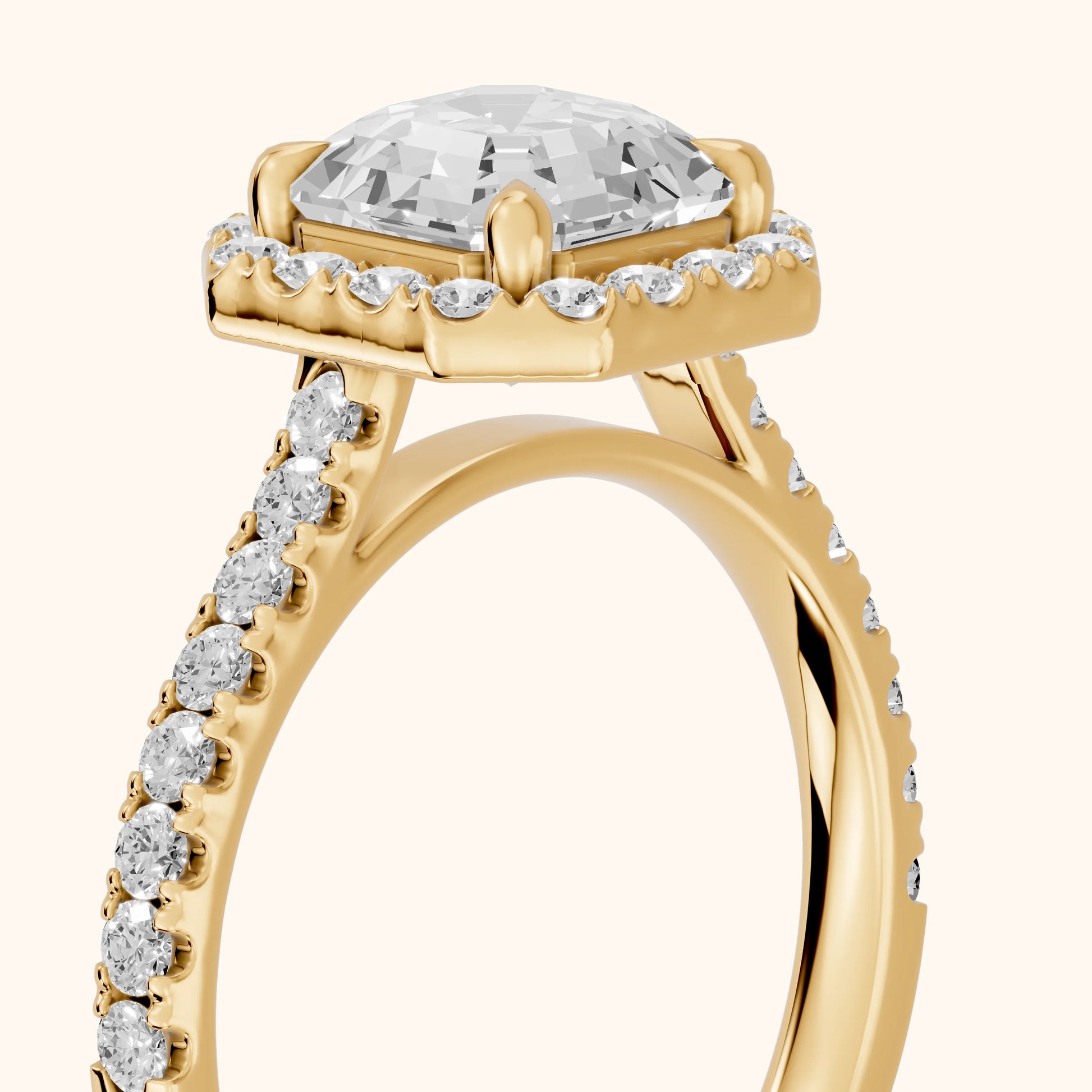 Amara Halo Claw Prong Asscher Diamond Ring in Yellow Gold - slant-view.webp