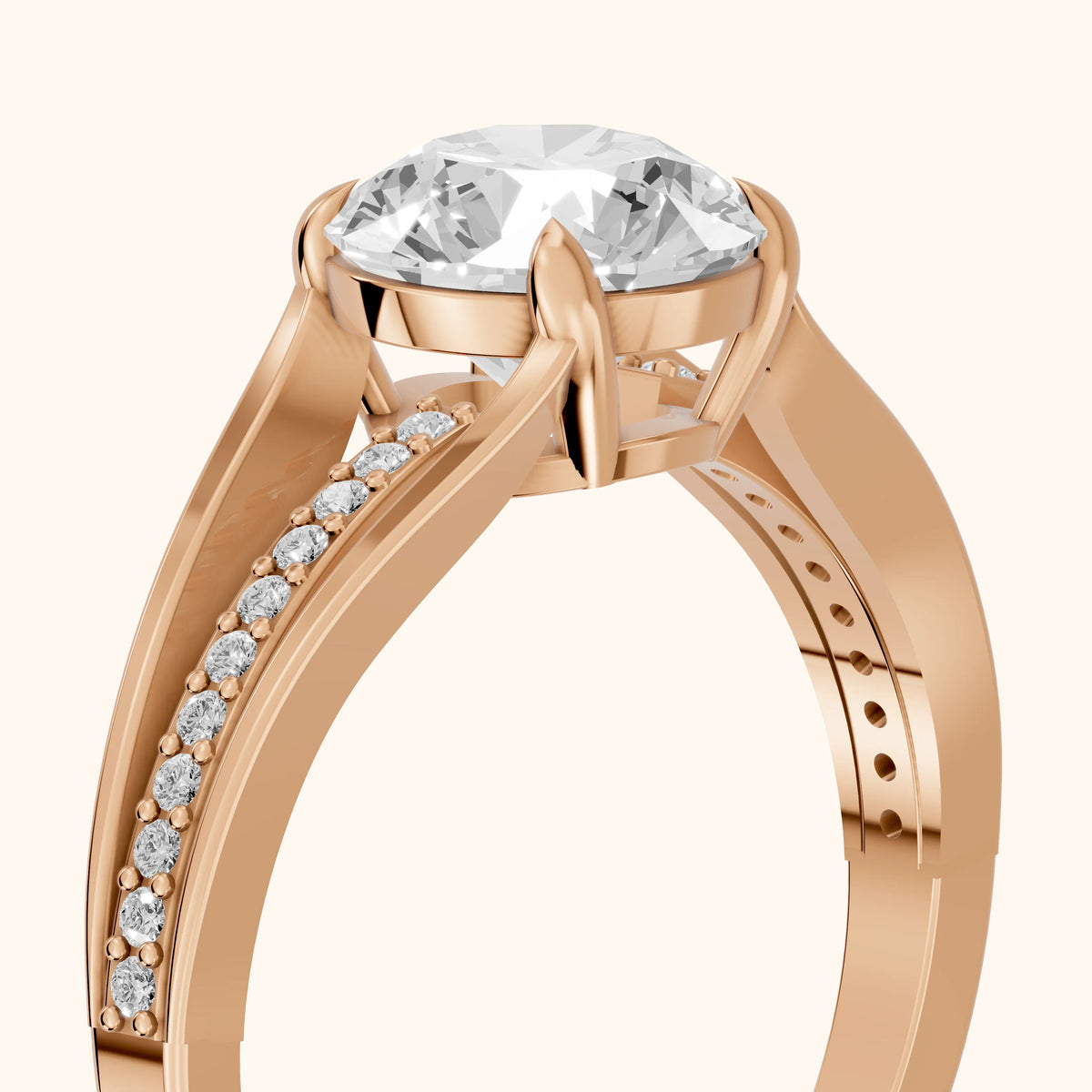 Lucinda Split Shank Round Diamond Engagement Ring in Rose Gold - slant-view.webp