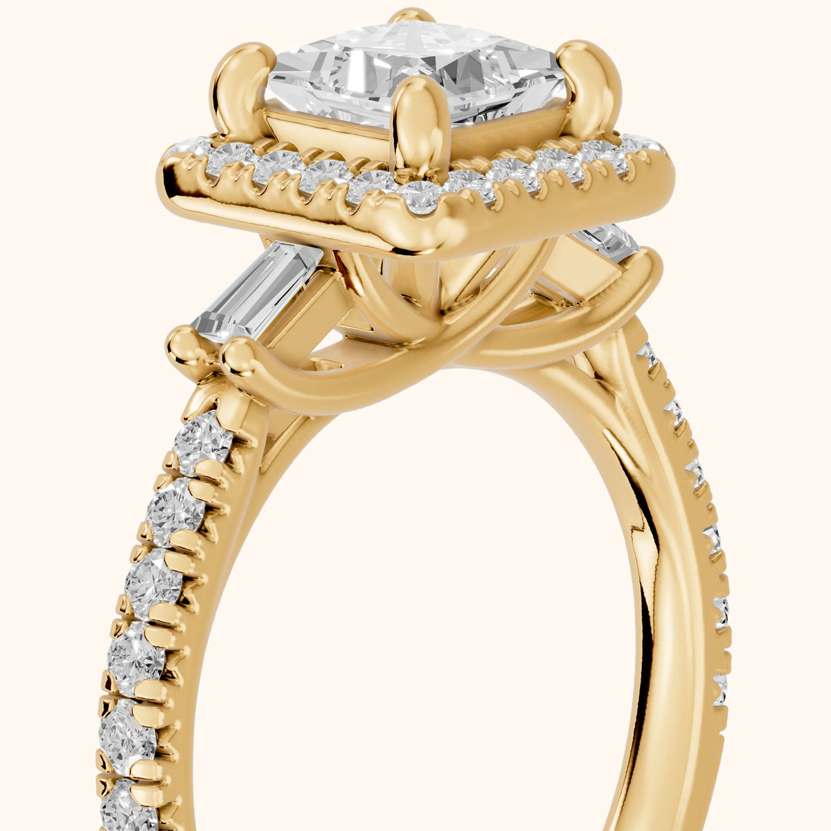 Provo Baguette Halo Princess Diamond Engagement Ring in Yellow Gold - slant-view.webp