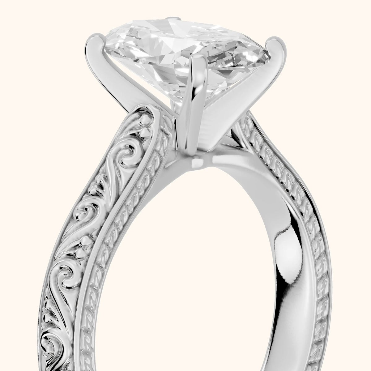 Fia Vintage Engraved Oval Diamond Engagement Ring in Silver - slant-view.webp