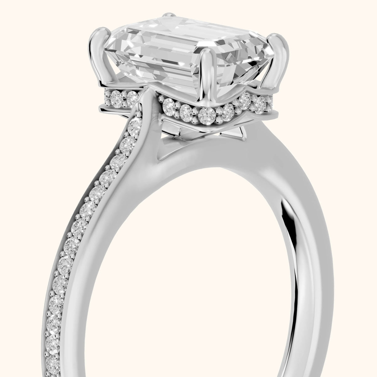 Becky Hidden Halo Cathedral Emerald Diamond Engagement Ring in White Gold - slant-view.webp