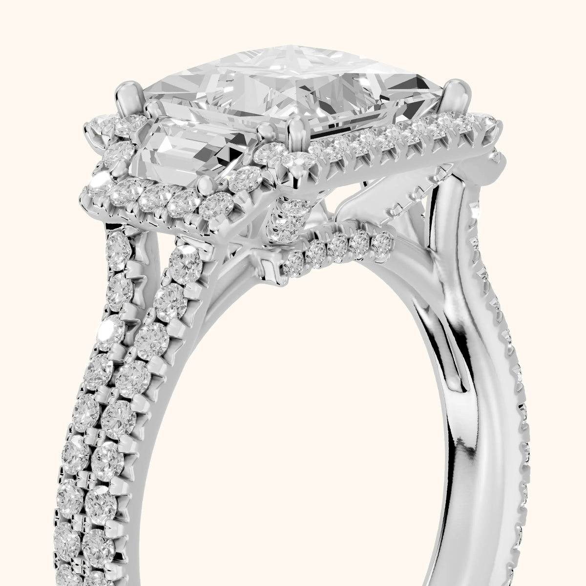 Ronan Three-Stone Halo Princess Diamond Engagement Ring in Silver - slant-view.webp