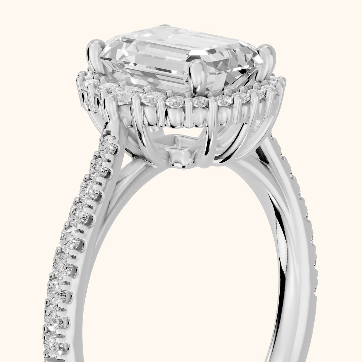 Melody Halo Cathedral Emerald Diamond Engagement Ring in Platinum - slant-view.webp
