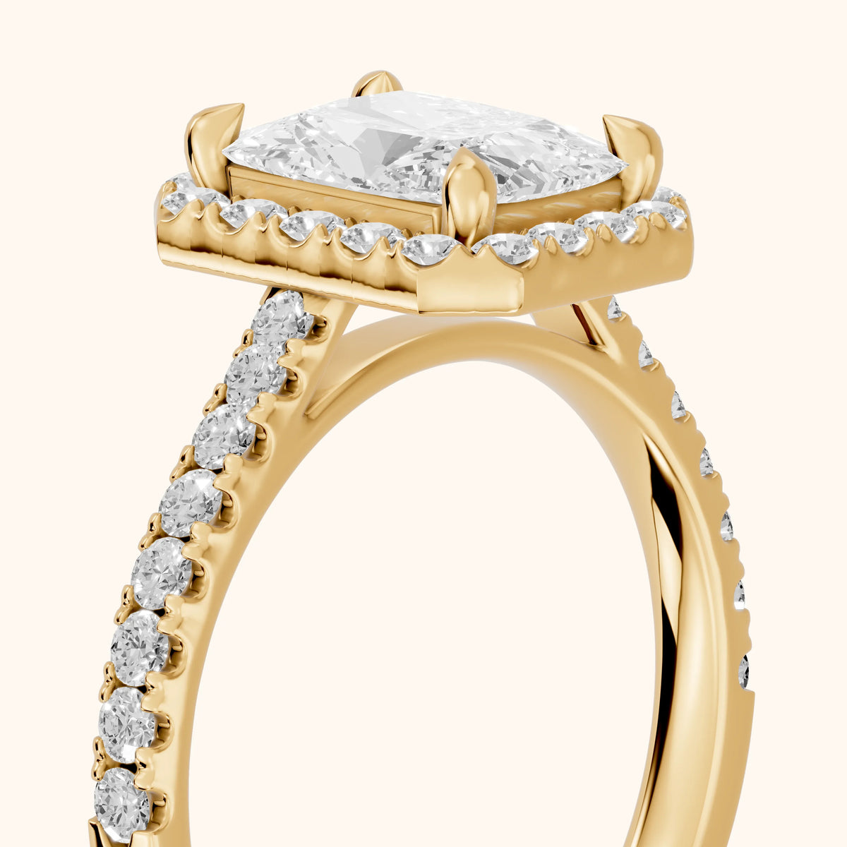 Amara Halo Claw Prong Radiant Diamond Engagement Ring in Yellow Gold - slant-view.webp