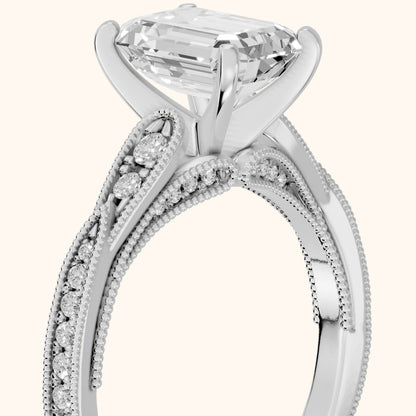 Lucette Scalloped Milgrain Emerald Diamond Engagement Ring in White Gold - slant-view.webp
