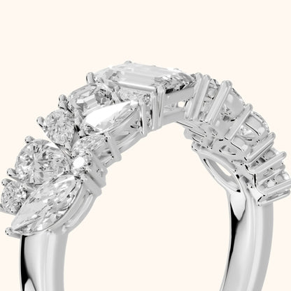 Isha Cluster Emerald & Pear Diamond Anniversary Ring in Platinum - slant-view