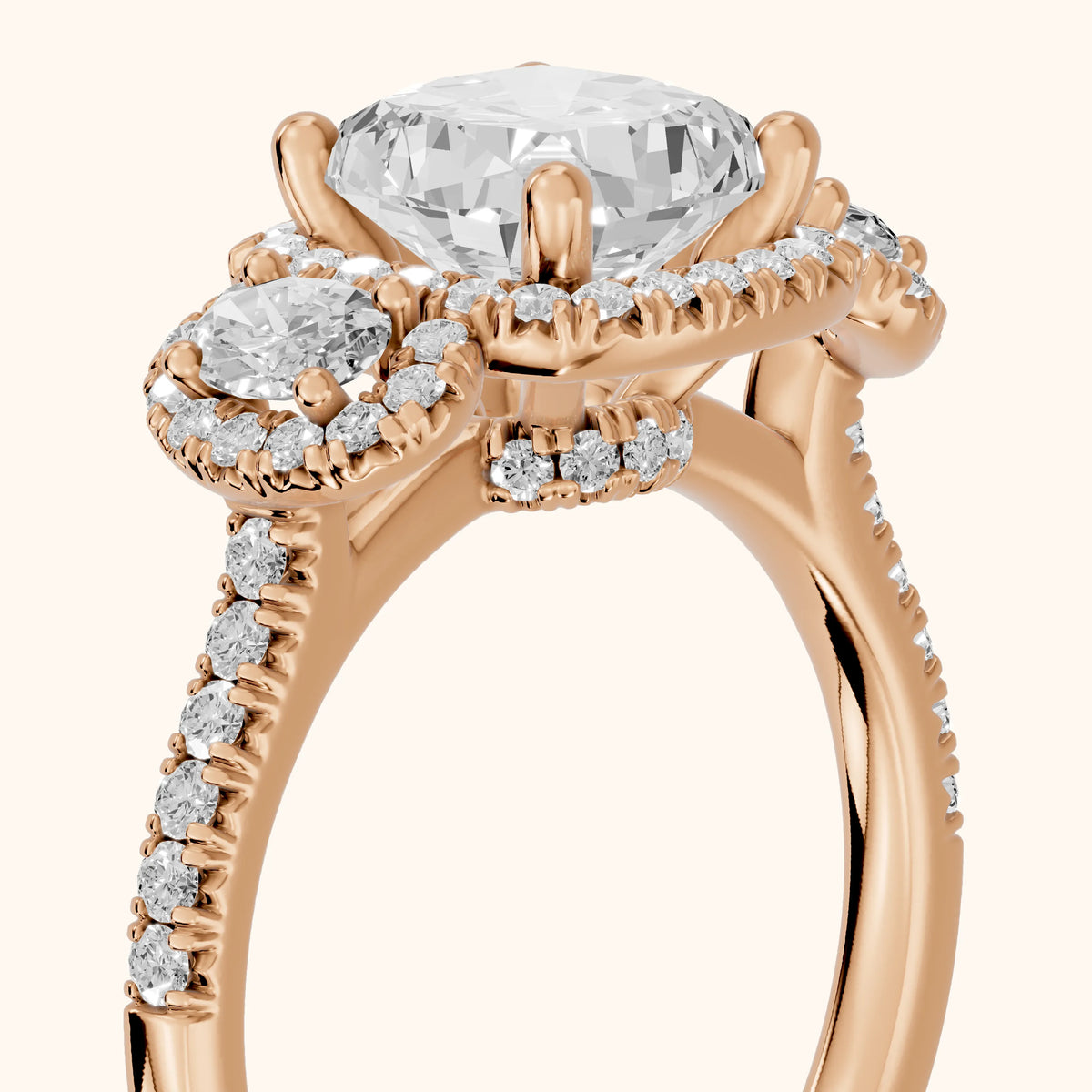 Austin Three-Stone Halo Cushion Diamond Engagement Ring in Rose Gold - slant-view.webp