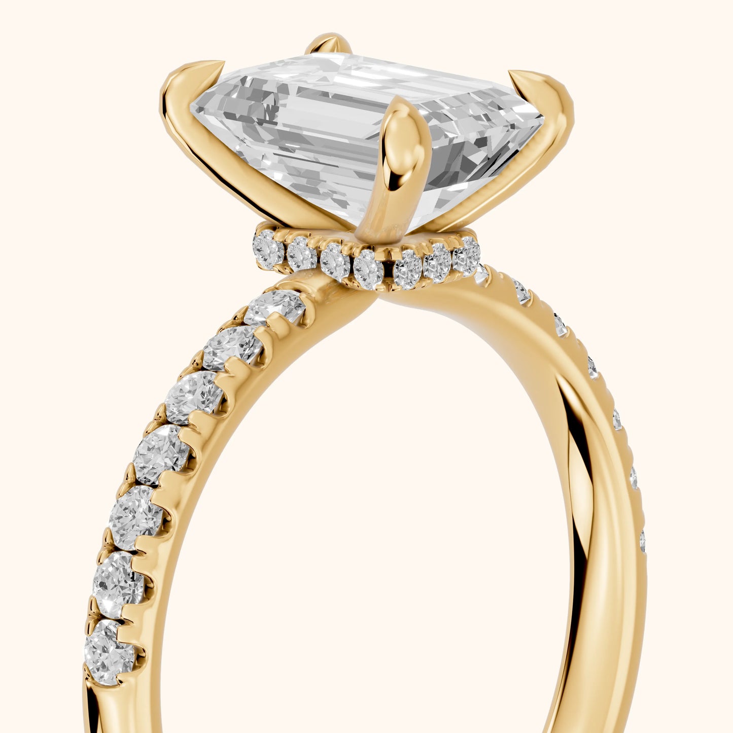 Maya Hidden Halo Pavé Emerald Diamond Engagement Ring in Yellow Gold - slant-view.webp