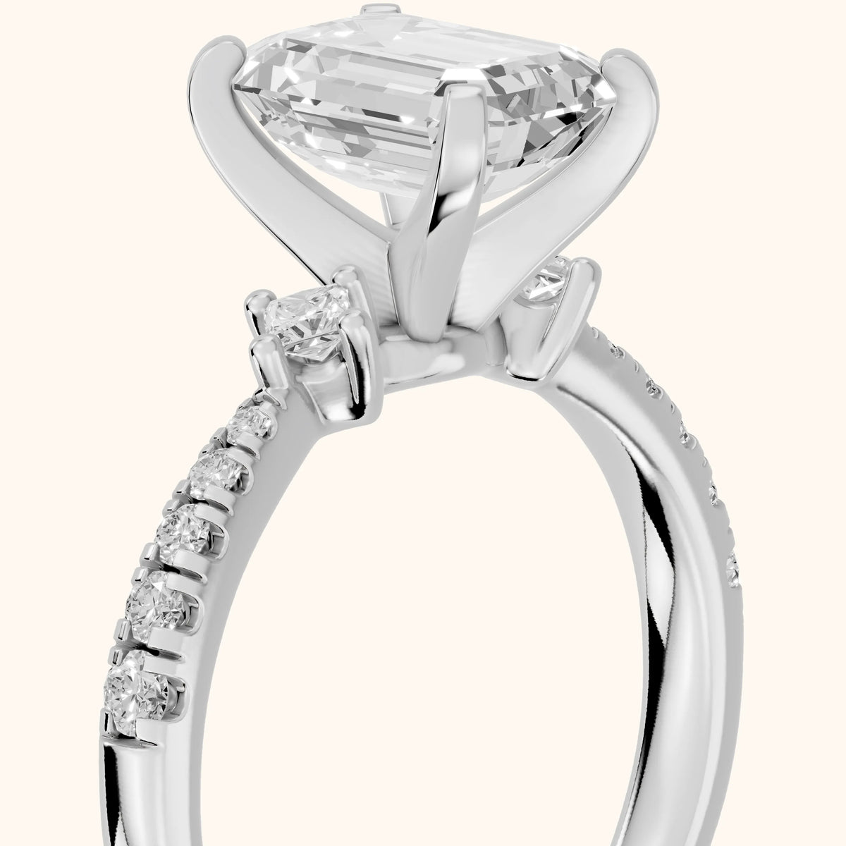 Alethea Three-Stone Pavé Emerald Diamond Engagement Ring in Silver - slant-view.webp