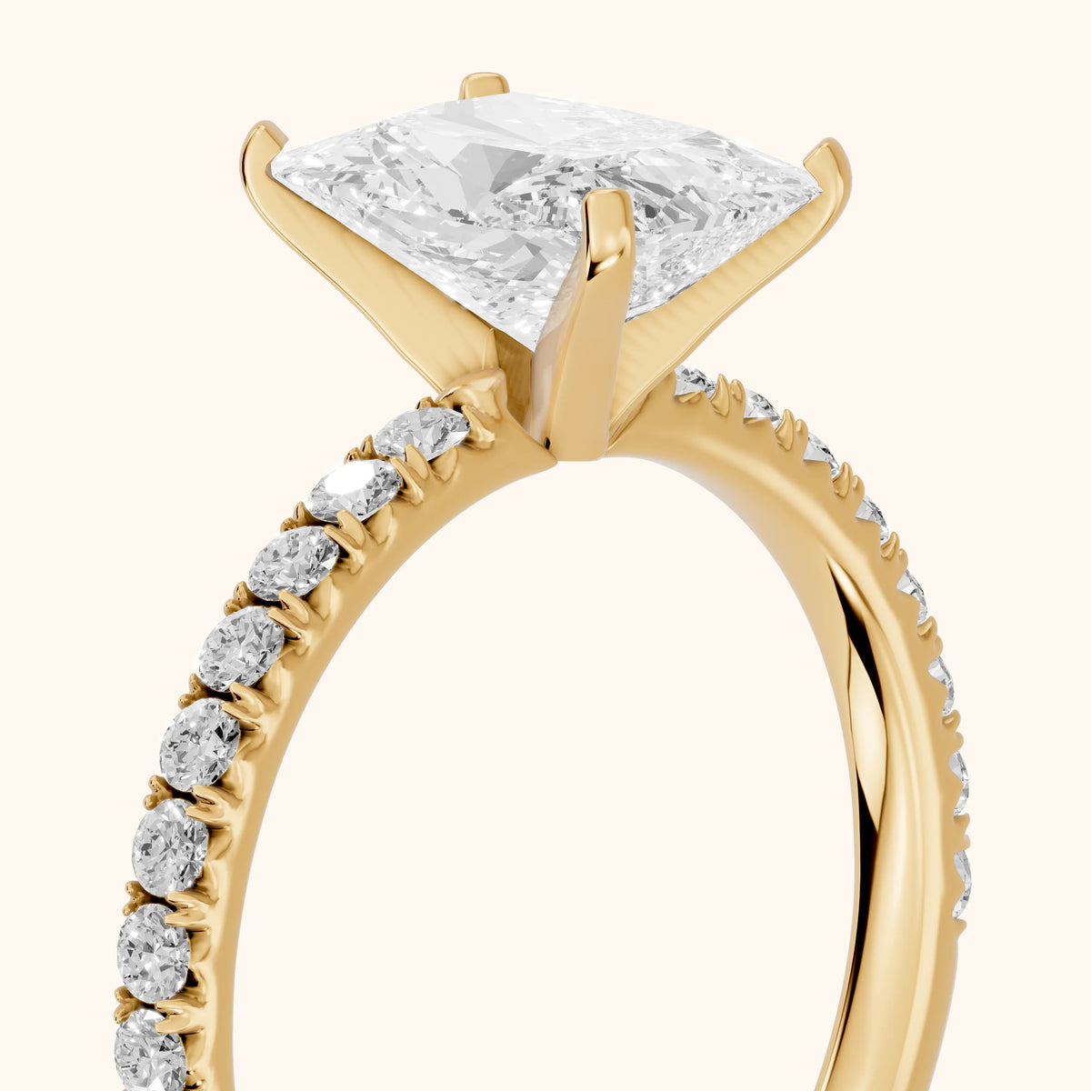 Juna French Pavé Solitaire Radiant Diamond Engagement Ring in Yellow Gold - slant-view.webp