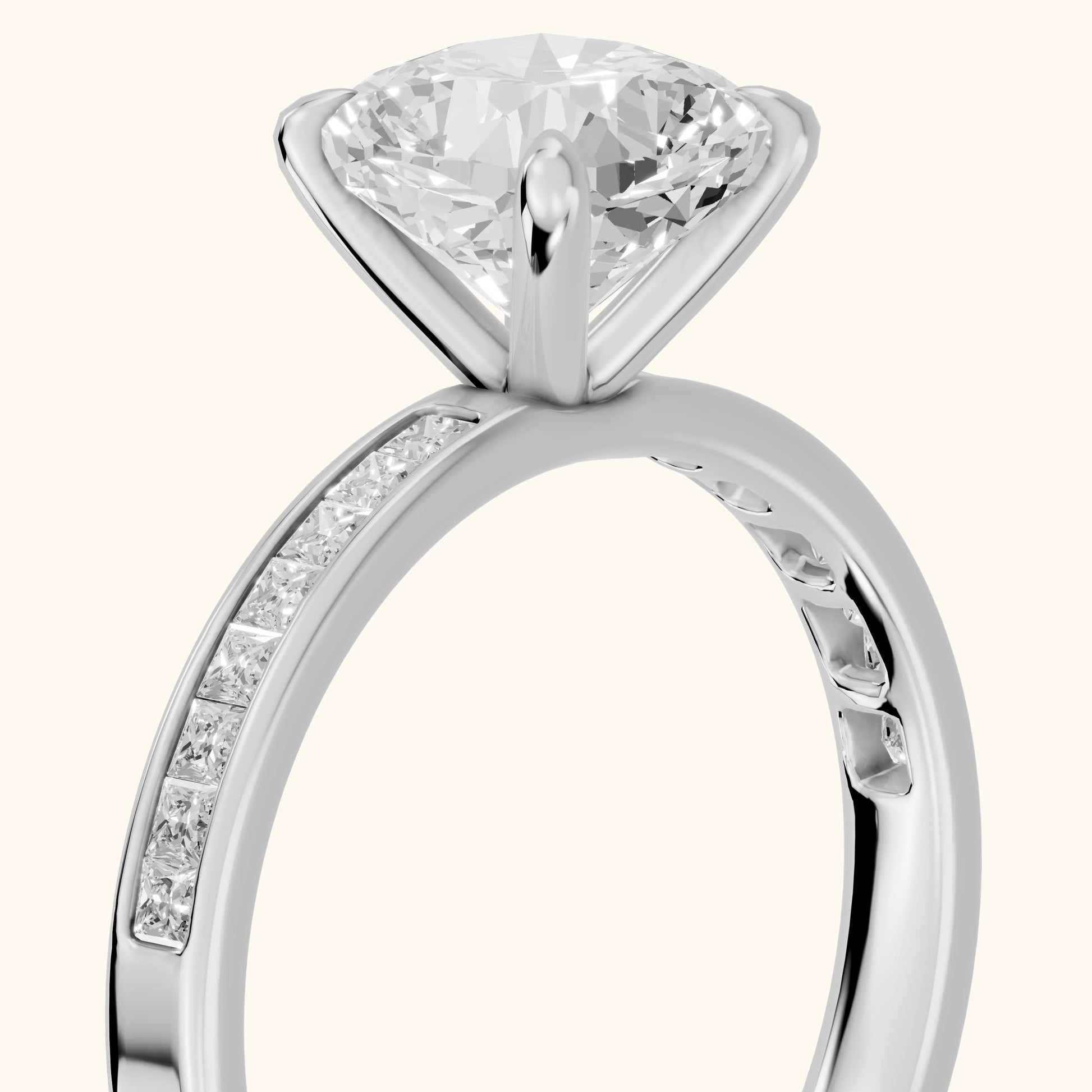 Maren Sidestone Channel Set Cushion Diamond Engagement Ring in Platinum - slant-view.webp