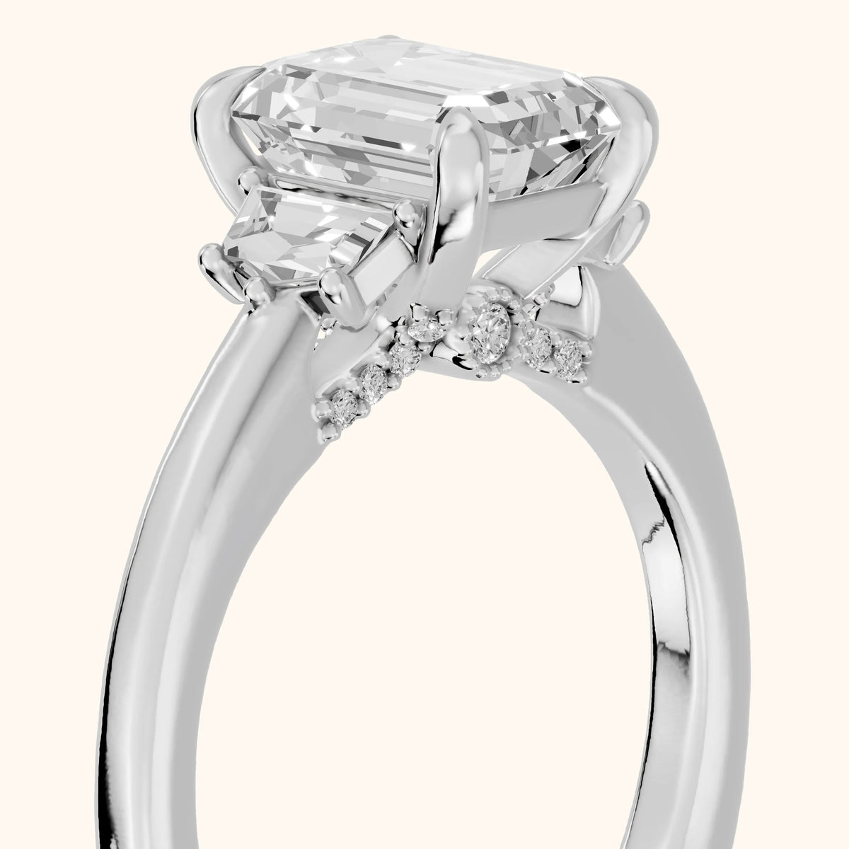 Elmira Step-Cut Three-Stone Emerald Diamond Engagement Ring in Silver - slant-view.webp