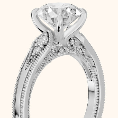 Etta Vintage Milgrain Round Diamond Engagement Ring in Platinum - slant-view.webp