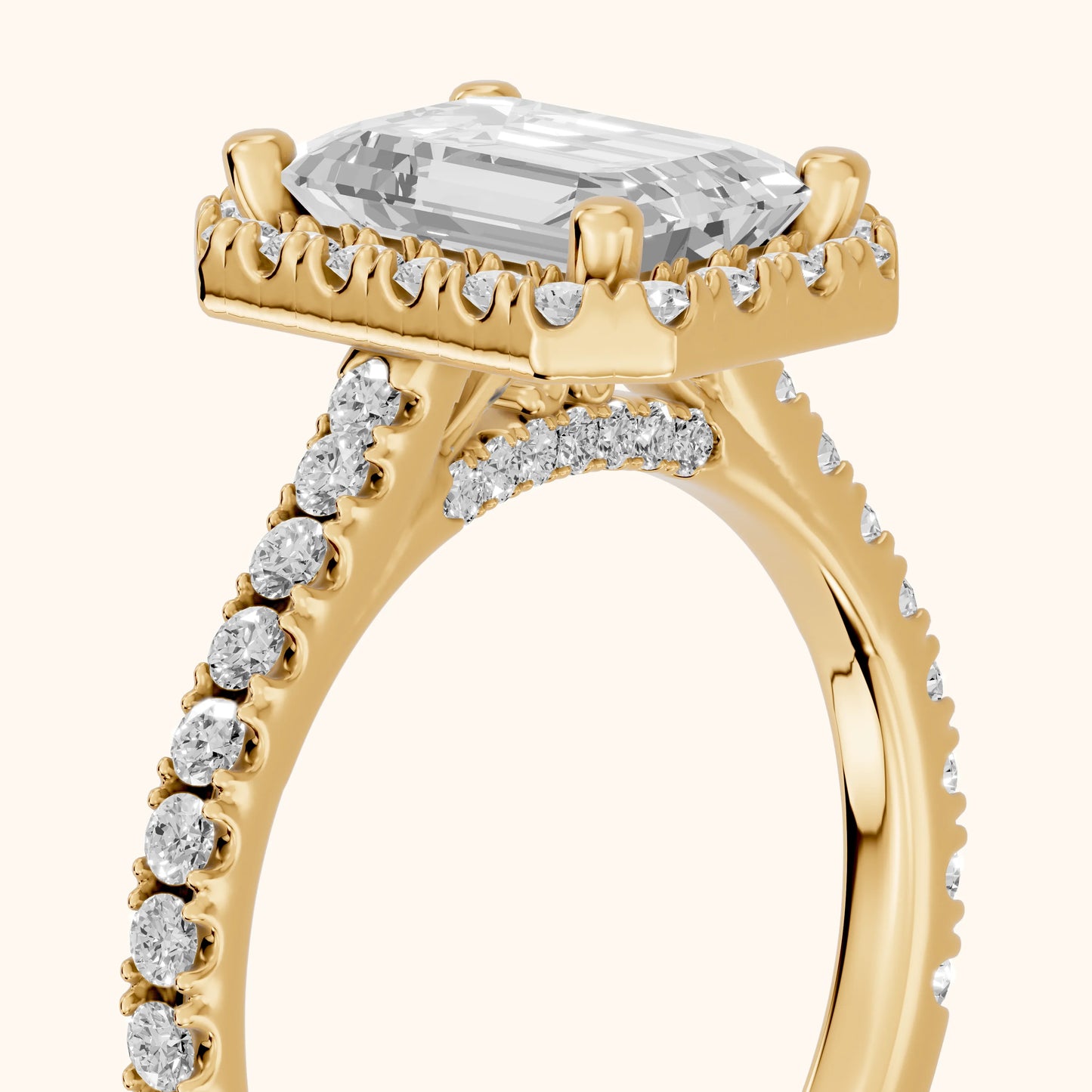 Sophie Halo Pavé Emerald Diamond Ring in Yellow Gold - slant-view.webp
