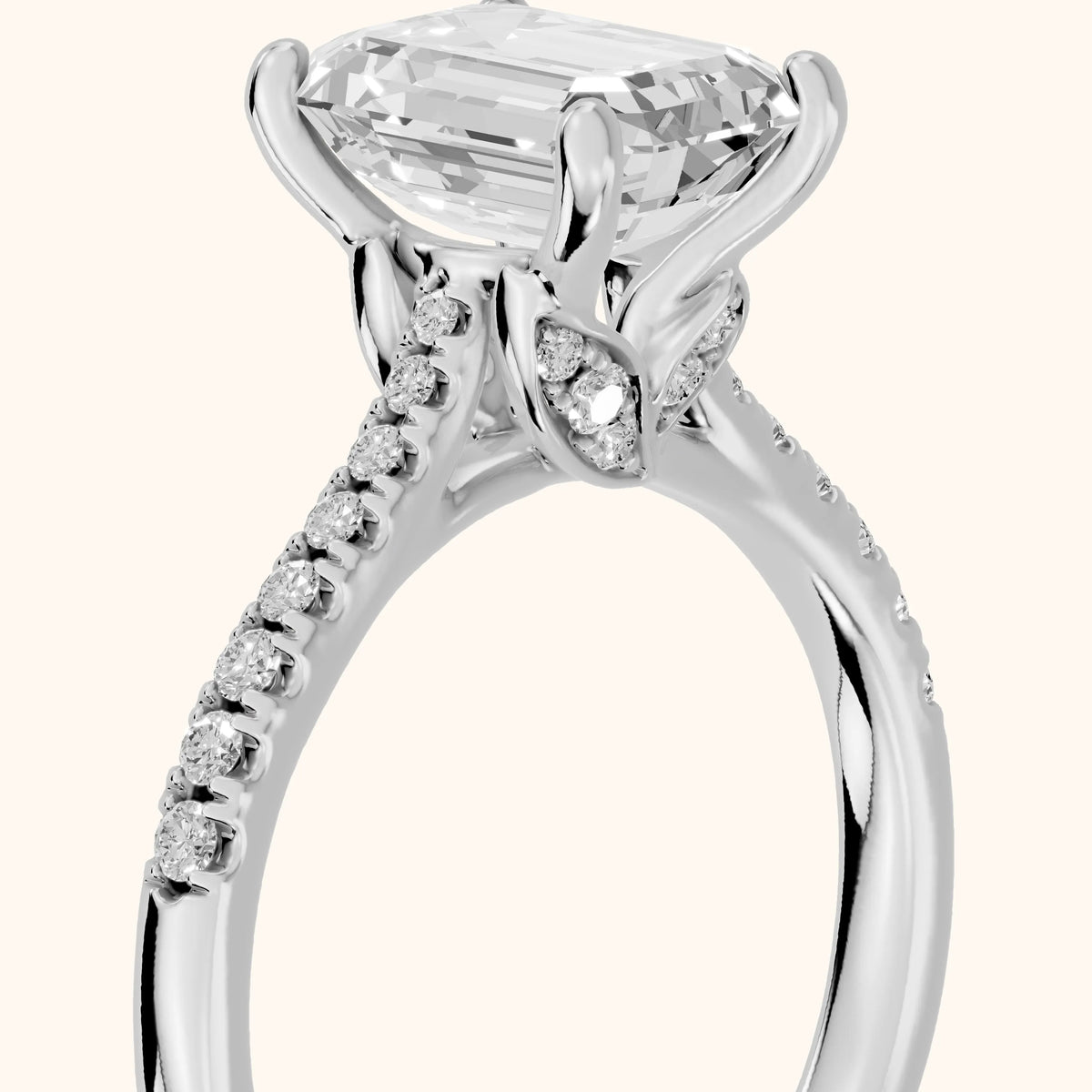 Moab Petal Pavé Emerald Diamond Engagement Ring in Platinum - slant-view.webp