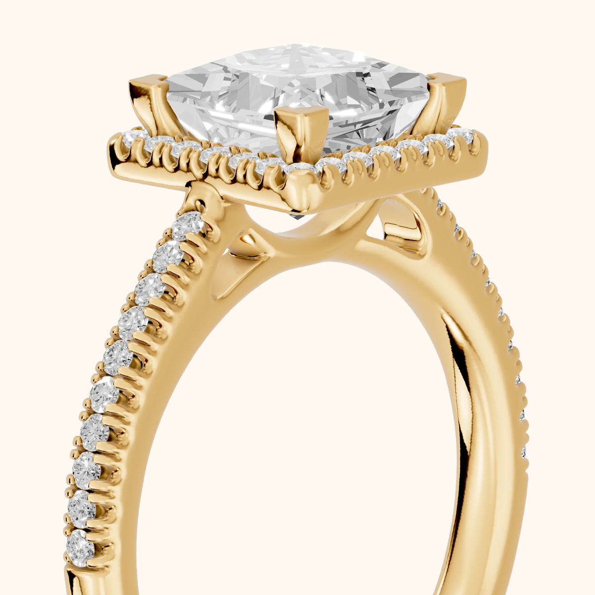 Tempe Halo Pavé Princess Diamond Engagement Ring in Yellow Gold - slant-view.webp