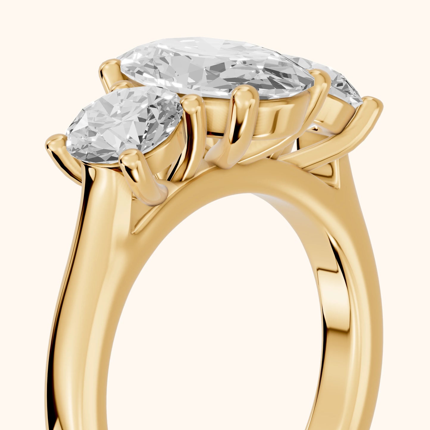Callie Three-Stone Trellis Oval Diamond Engagement Ring in Yellow Gold - slant-view.webp