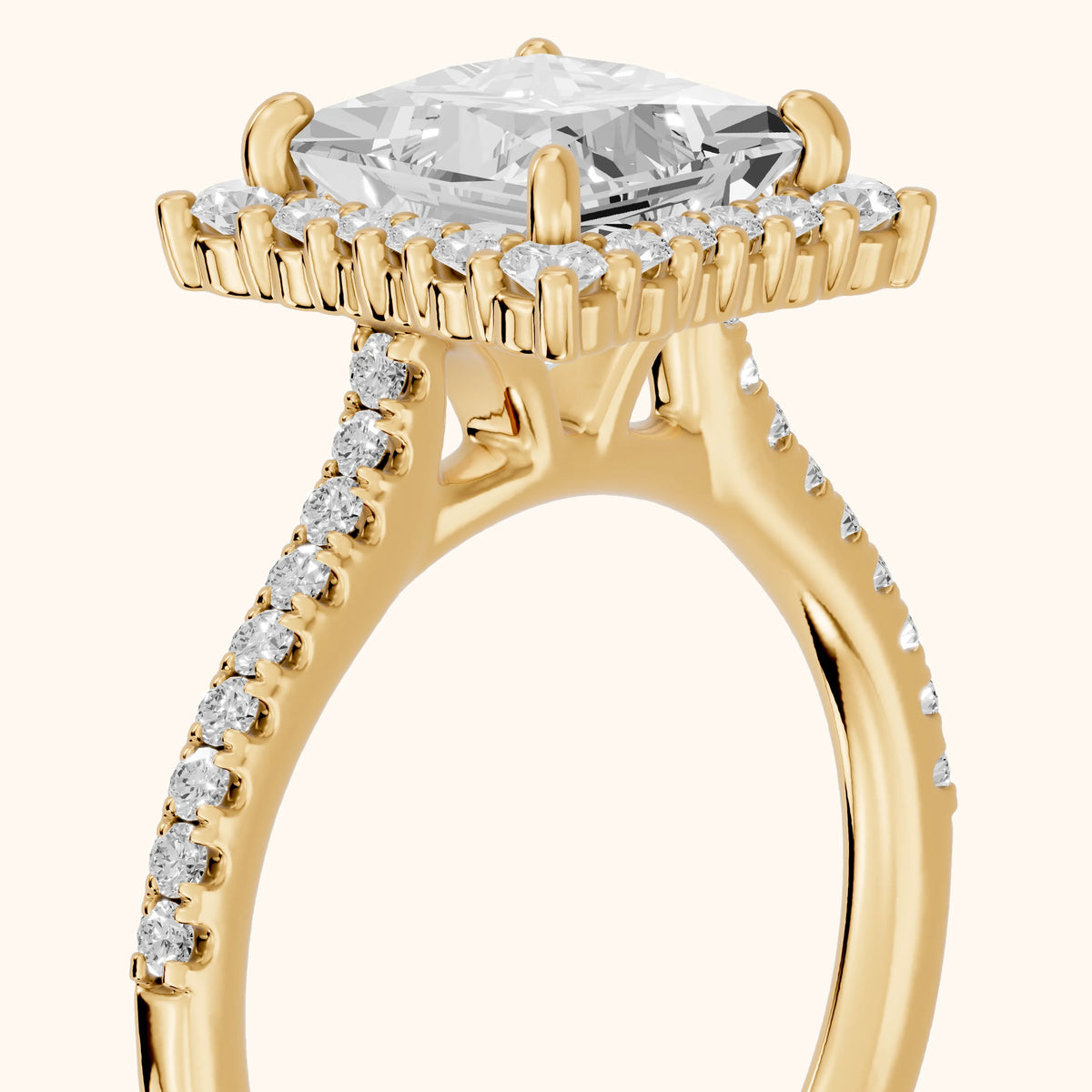Ocala Halo Pavé Princess Diamond Engagement Ring in Yellow Gold - slant-view.webp