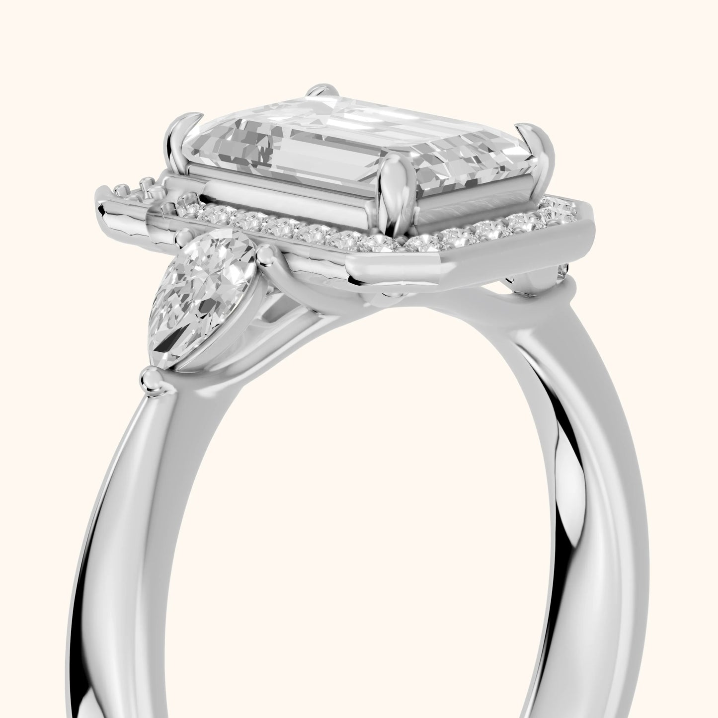 Eliza Halo Sidestone Emerald Diamond Engagement Ring in Silver - slant-view.webp