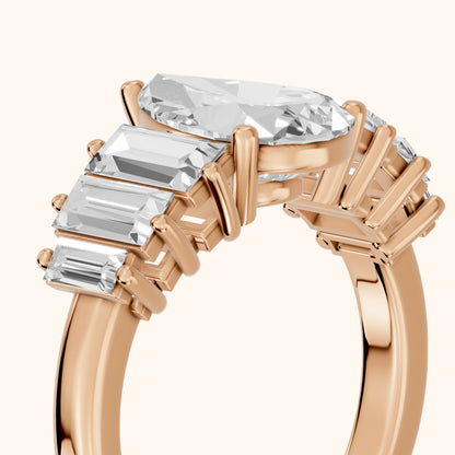 Mara Sidestone Baguette Accent Pear Diamond Engagement Ring in Rose Gold - slant-view.webp