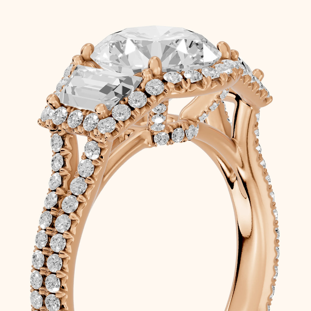 Oakley Three-Stone Split Shank Round Diamond Engagement Ring in Rose Gold - slant-view.webp