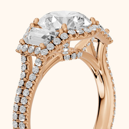 Oakley Three-Stone Split Shank Round Diamond Engagement Ring in Rose Gold - slant-view.webp