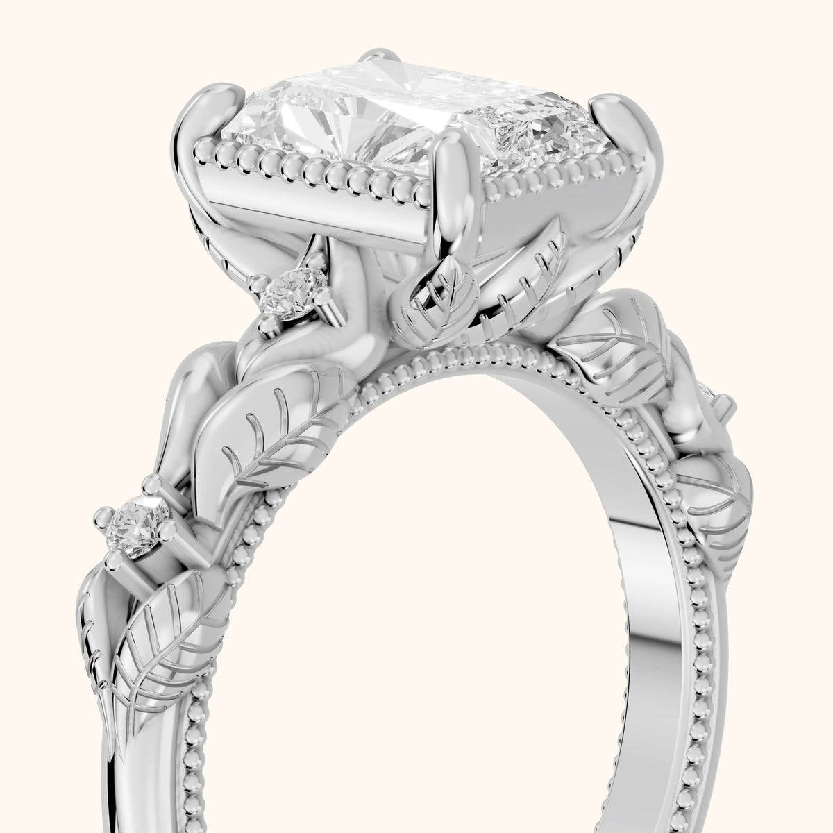Pelham Vintage Leaf Radiant Diamond Engagement Ring in White Gold - slant-view.webp